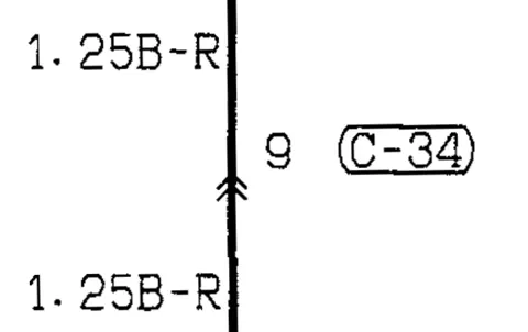 Wiring diagram snippet: two 1.25B-R wires meeting at terminal 9 of connector C-34